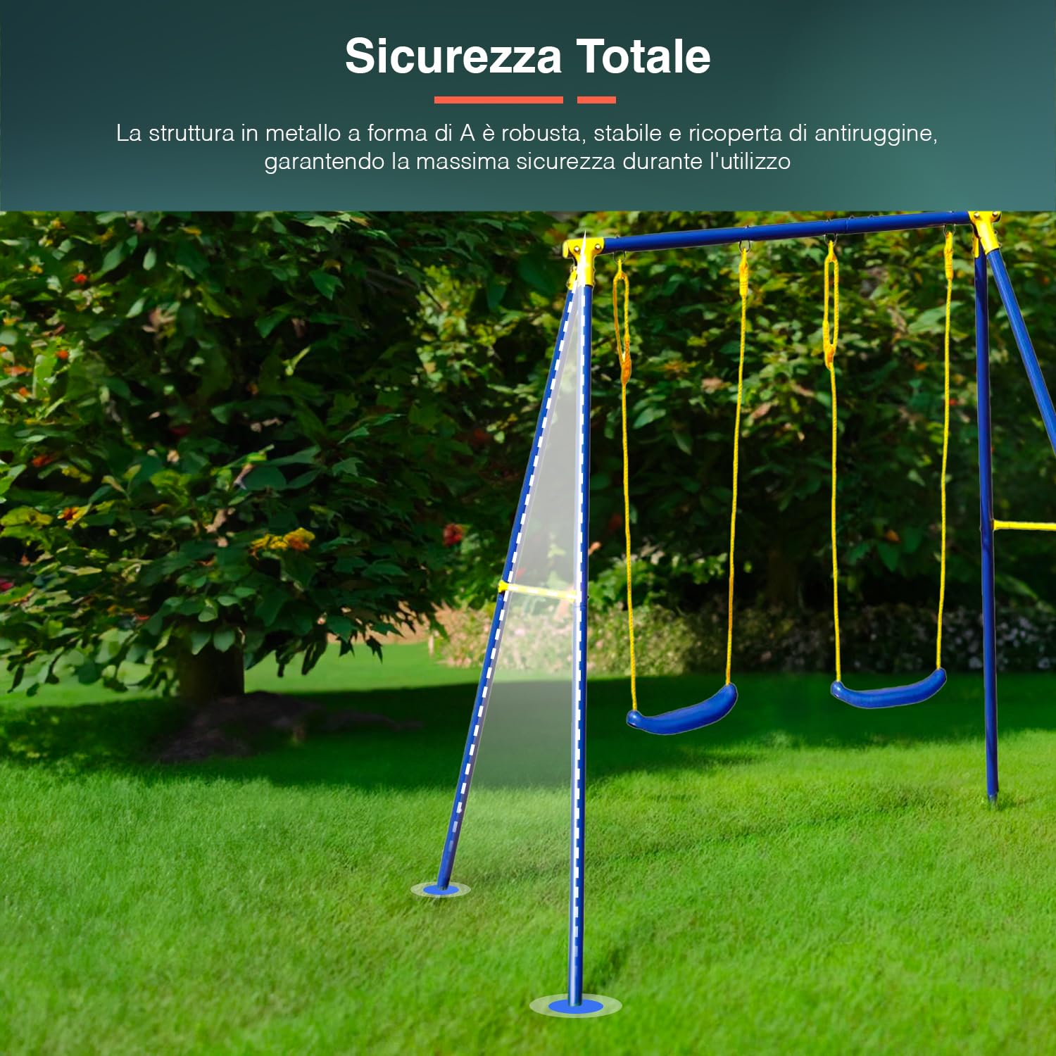 Altalena Gioco per Bambini a Due Posti - Altalena da Esterno con Sedute Regolabili e Piedini Antiscivolo, Ideale per Giardino e Terrazzo, Blu, in Metallo Antiruggine, 209x142x182 cm
