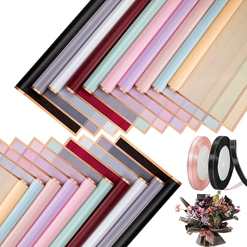 50 hojas de papel de regalo de flores de color puro, papel de regalo, ramo de floristería impermeable, con 2 cintas para ramos, manualidades, ramo