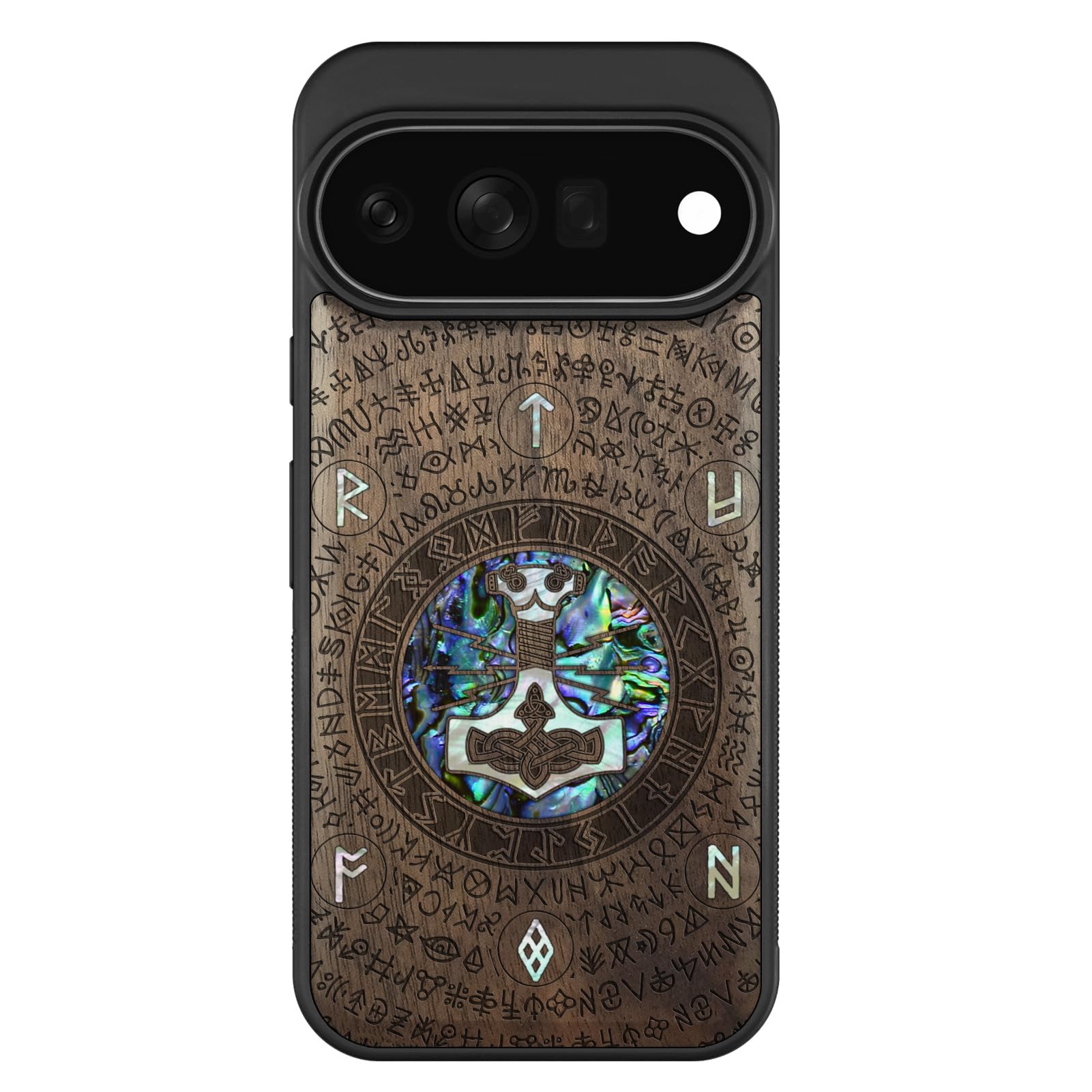 Carveit Madera Funda para Google Pixel 11 Pro (Nogal-Martillo) | Compatible con MagSafe [Grabado en madera e incrustación de mejillones] Magnética Cover para Pixel 11 Pro Carcasa