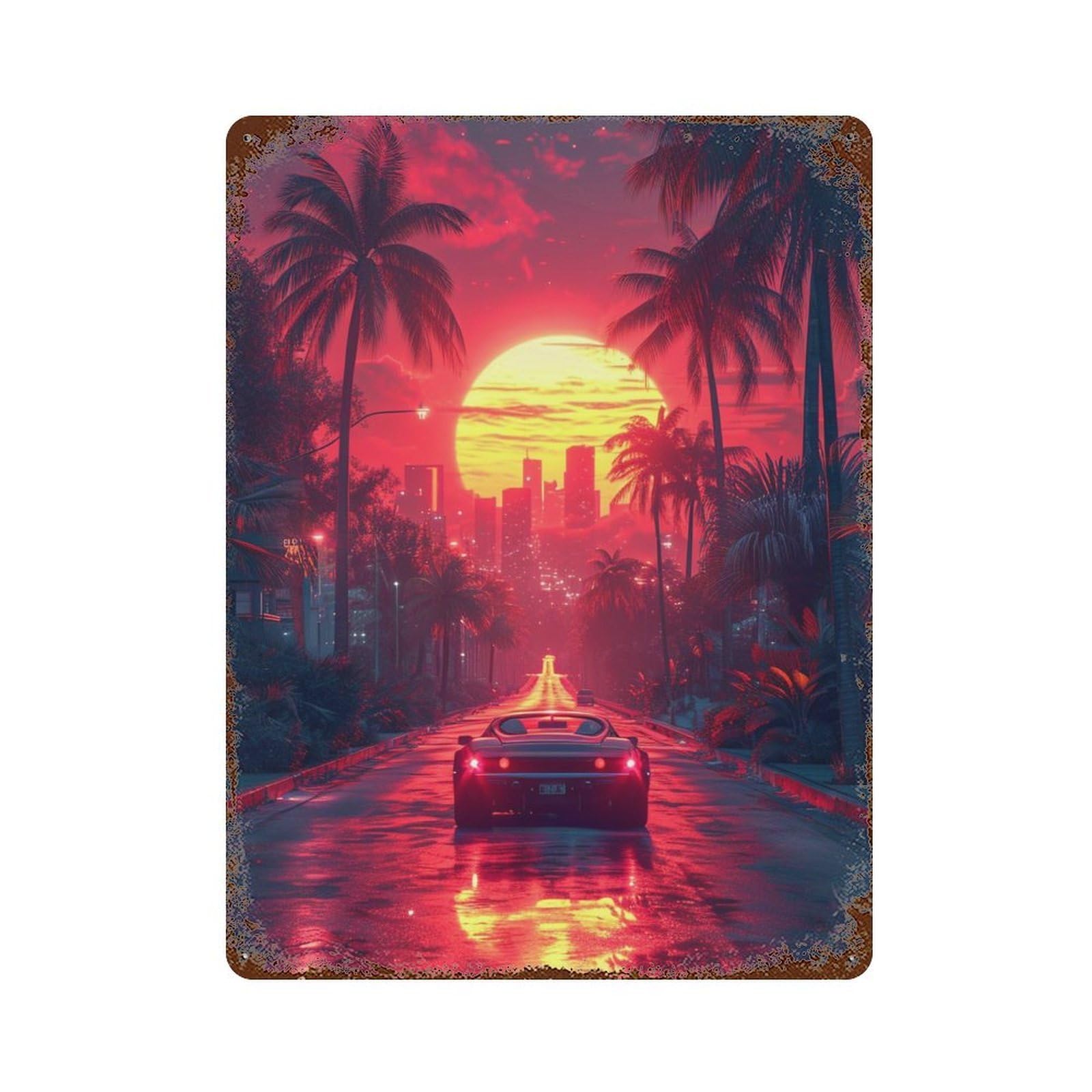 Neon Sunset Drive -3 Aged Metal Wall Plaque 15.7"x11.8", for Office, Studio And Wall Decor, Novelty Wall Decor