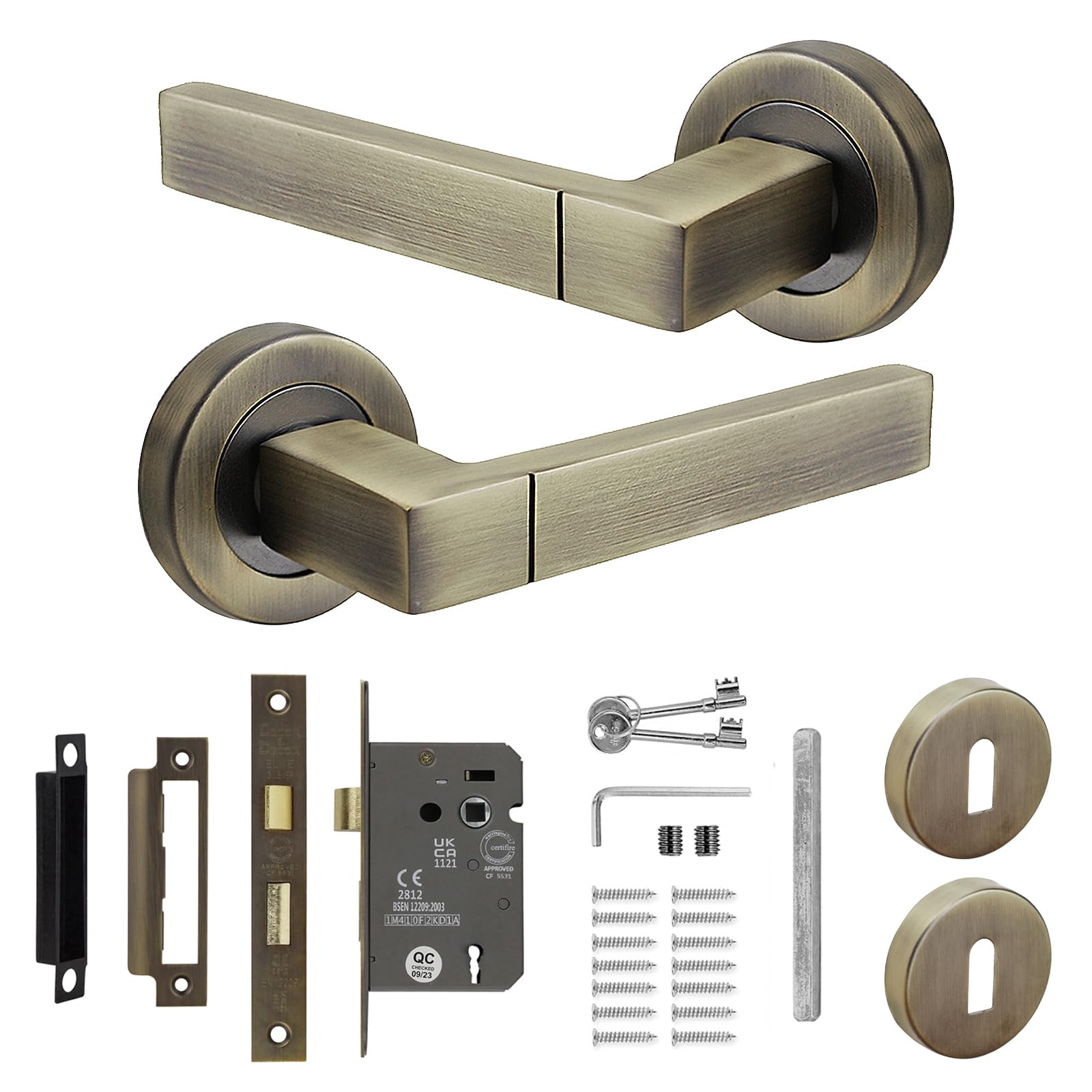 Decoranddecor Lumina Internal Square Door Handles Lever On 54mm Rose - Aluminium - Antique Brass - Sash Lock Kit