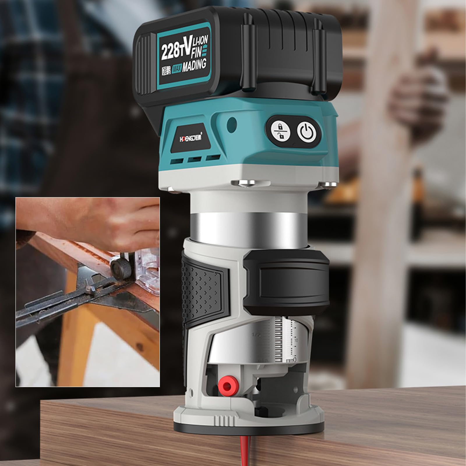 akku Makita 18V Oberfräse und bürstenloser Holztrimmer, 800W, mit 16 Stück 1/4" Hartmetall Fräser Set (ohne Akku & Ladegerät)