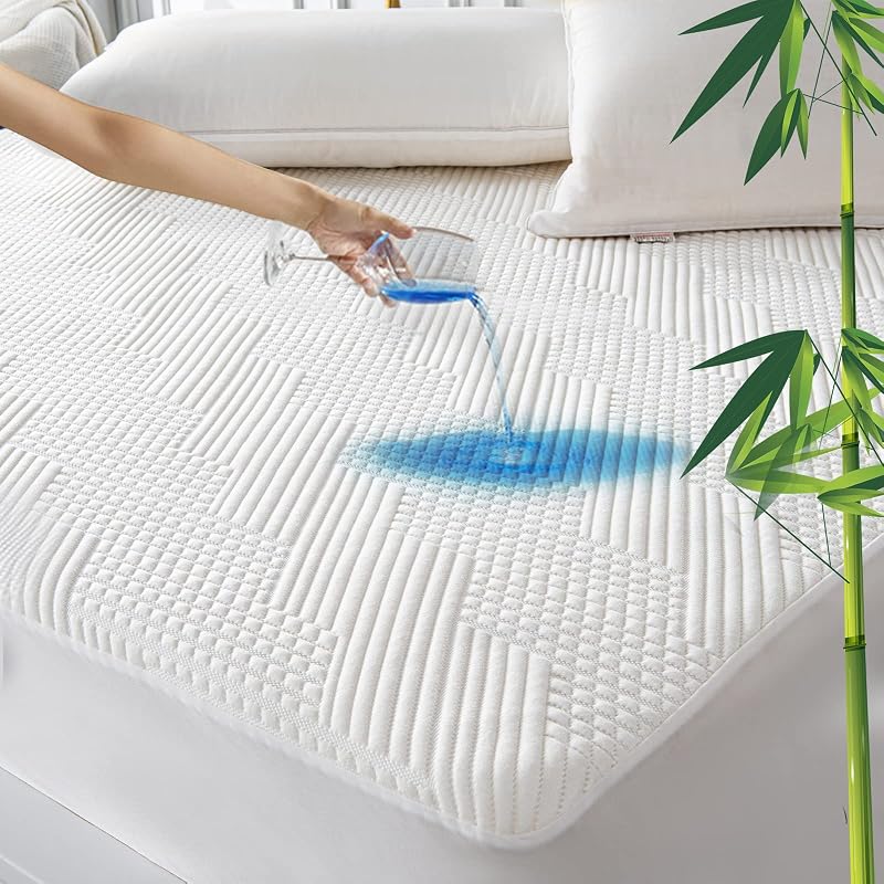 Queen Waterproof Mattress Protector Rayon Bamboo - 3D Air Fiber Cooling Mattress Cover Breathable Ultra Soft, Mattress Pad Noiseless Fits up to 26'' Deep Pocket Washable