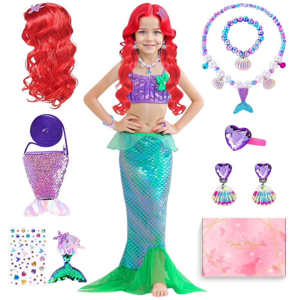 Deguisement Sirene Fille, Cosplay Sirene avec Perruque, Cadeau pour Fille, Déguisements Sirenes Enfant pour Anniversaire Cosplay Carnaval