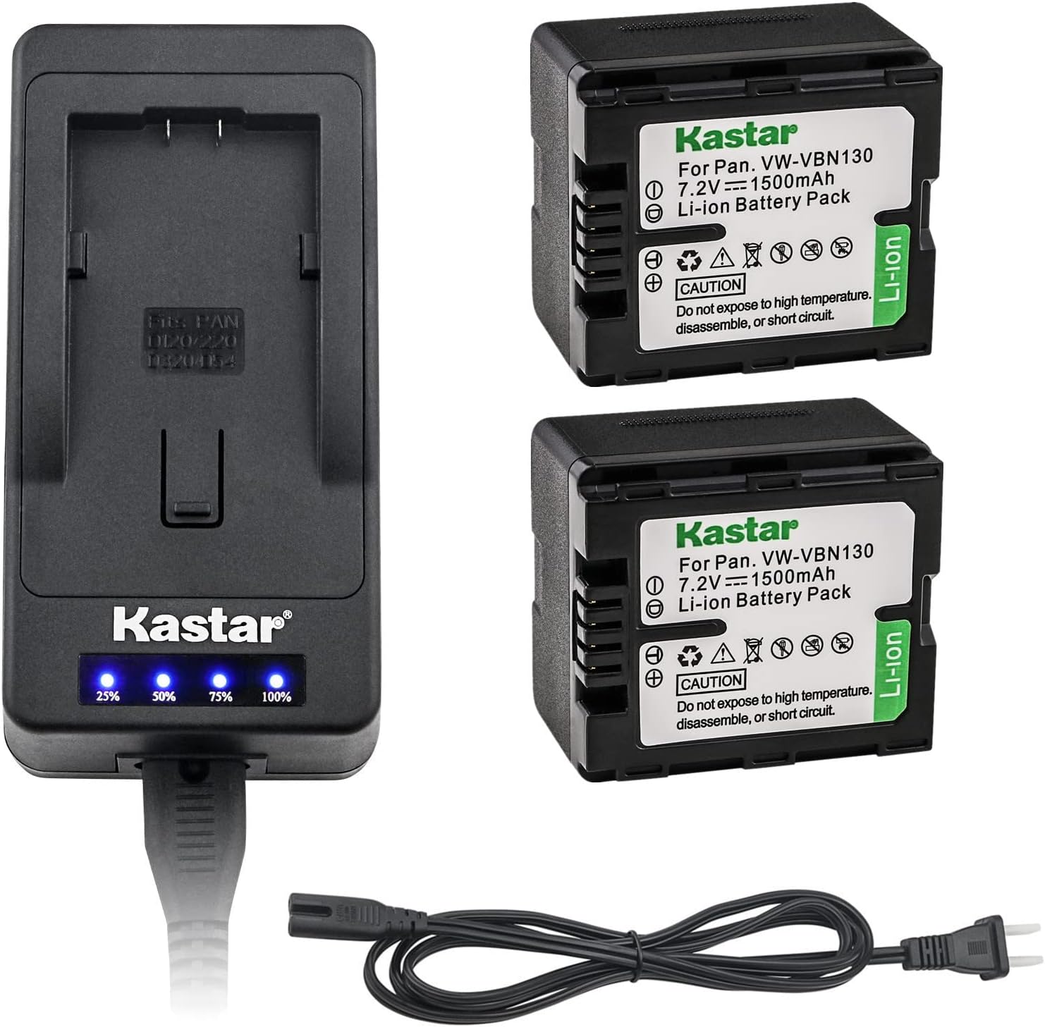 Kastar LED Super Fast Charger & Camcorder Battery X2 for Panasonic VW-VBN130 and Panasonic HC-X800, HC-X900, HC-X900M, HC-X910, HC-X920, HC-X920M, HDC-HS900, HDC-SD800, HDC-SD900, HDC-TM900 Cameras