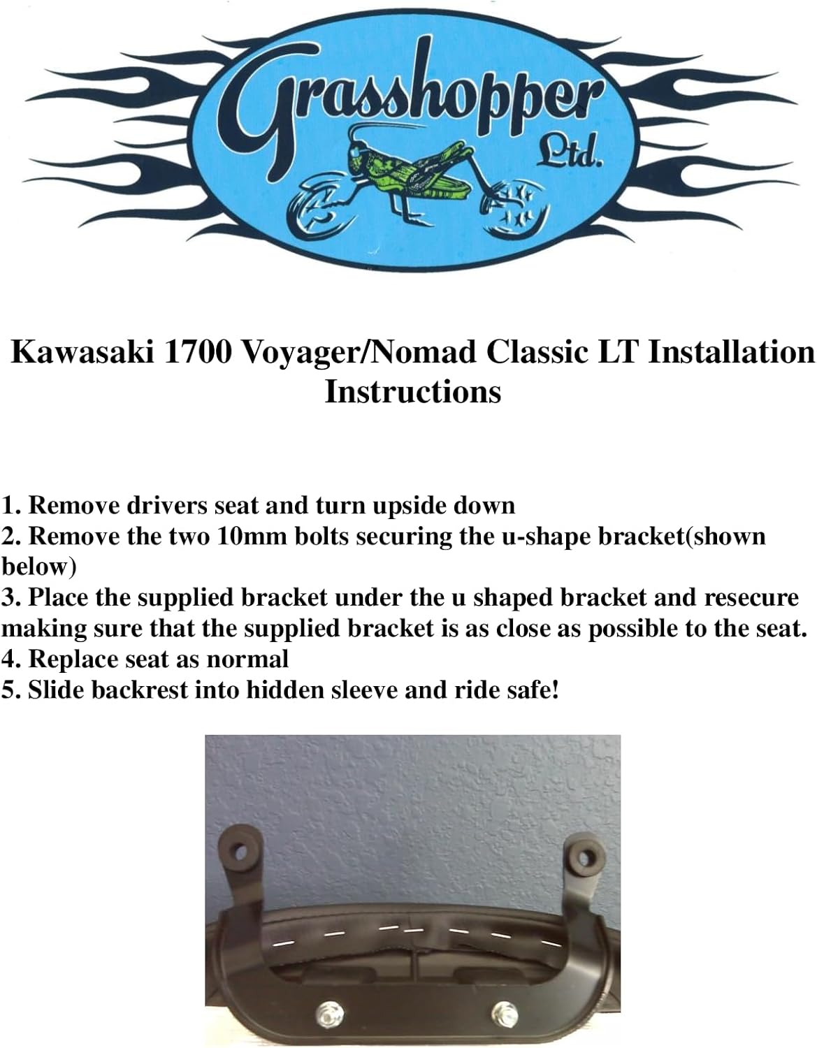 Grasshopper Limited Drivers Backrest for Kawasaki 1700 Nomad/Voyager/Classic or LT American Made NON STUDDED Includes Mounting Hardware Quick Release