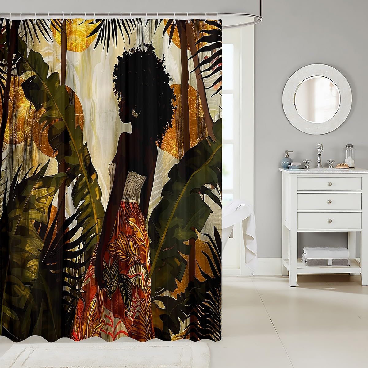 jejeloiu Black Afro Girl Bath Curtain 72"x78" African American Woman Lady Shower Curtain for Kids Abstract Boho Tropical Plant Leaves Bathroom Shower Curtain Set Modern Decor Kids Bathroom Accessories