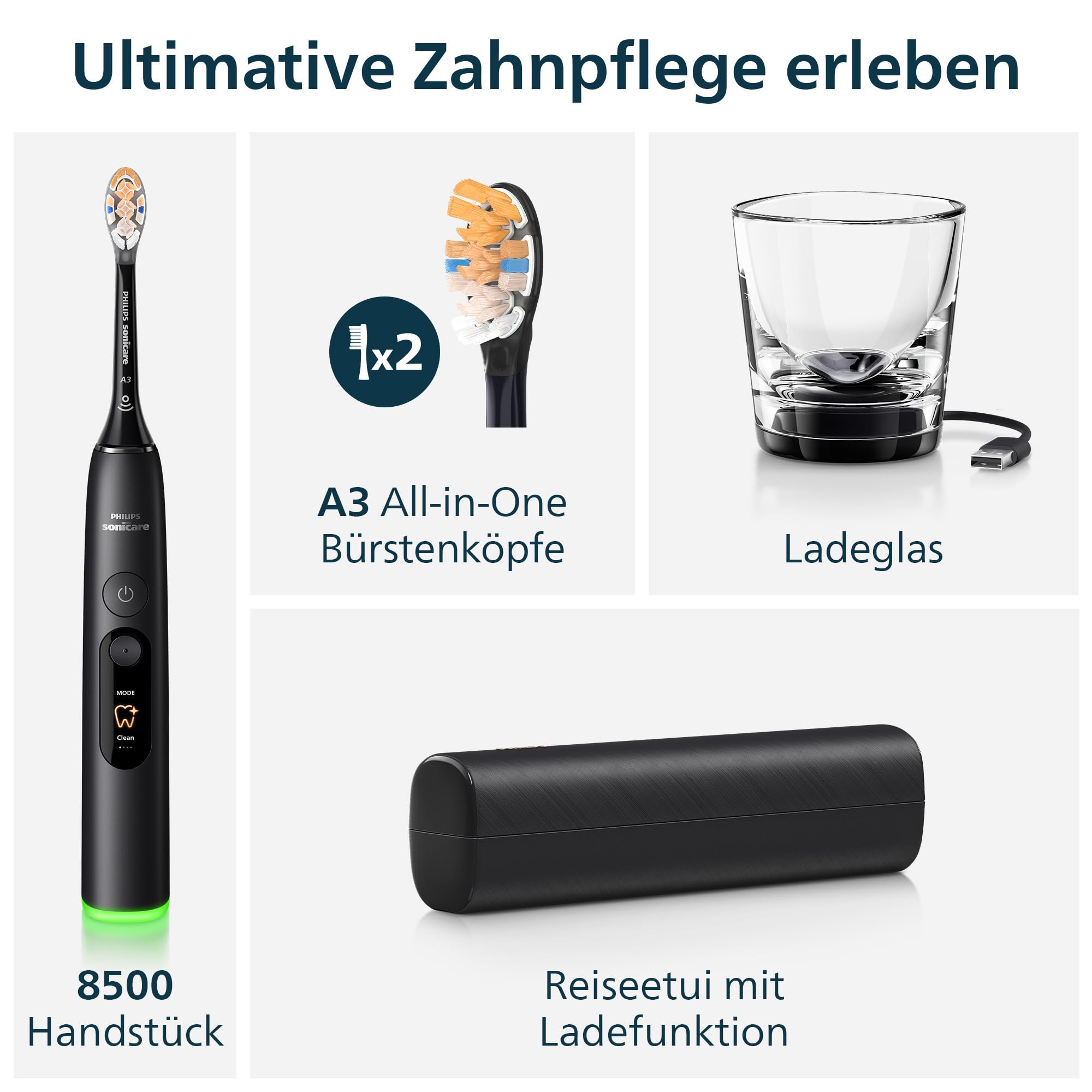 Philips Sonicare Next-Generation DiamondClean 8500 elektrische Zahnbürste – mit intelligenter Andruckkontrolle und 18 Einstellungen, Schwarz, HX8514/12