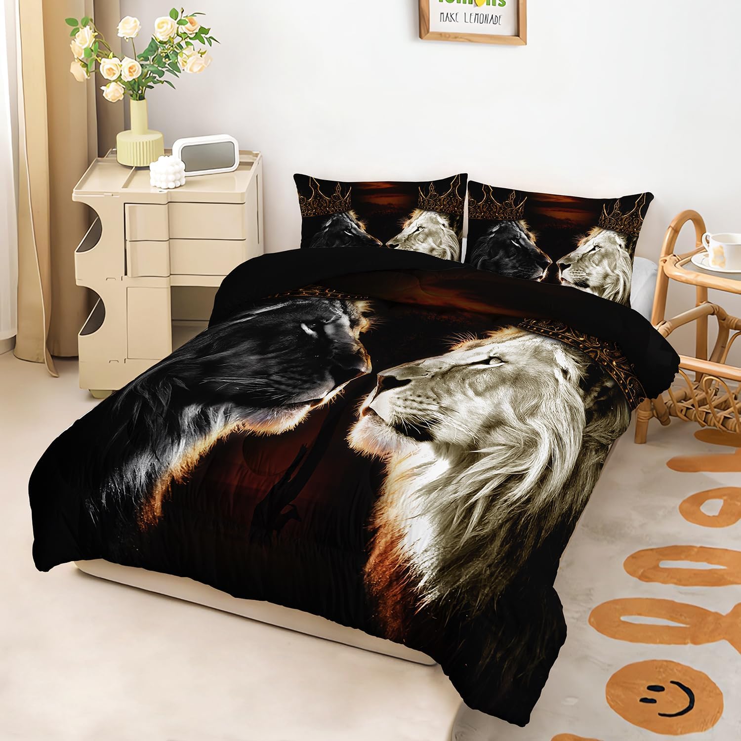AILONEN King Lion Couple Bedding Set - Black and White Queen Comforter With Gold Crown, Retro Soft Bedding With 2 Pillowcases, 3-Piece - Image 2