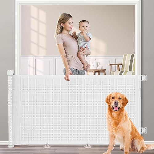 Miniatura 12 de Puertas retráctiles para bebés de 55 pulgadas, EZIGO Puerta para bebés extra ancha para aberturas grandes, Puerta de malla extra larga para niños