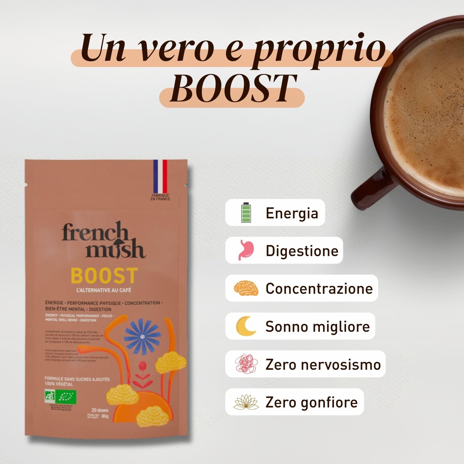 French Mush BOOST - Alternativa al caffè ai funghi adattogeni biologici: Lion's Mane & Cordyceps - Focus, Energia & Digestione - Vegano - Made in France - 20 dosi