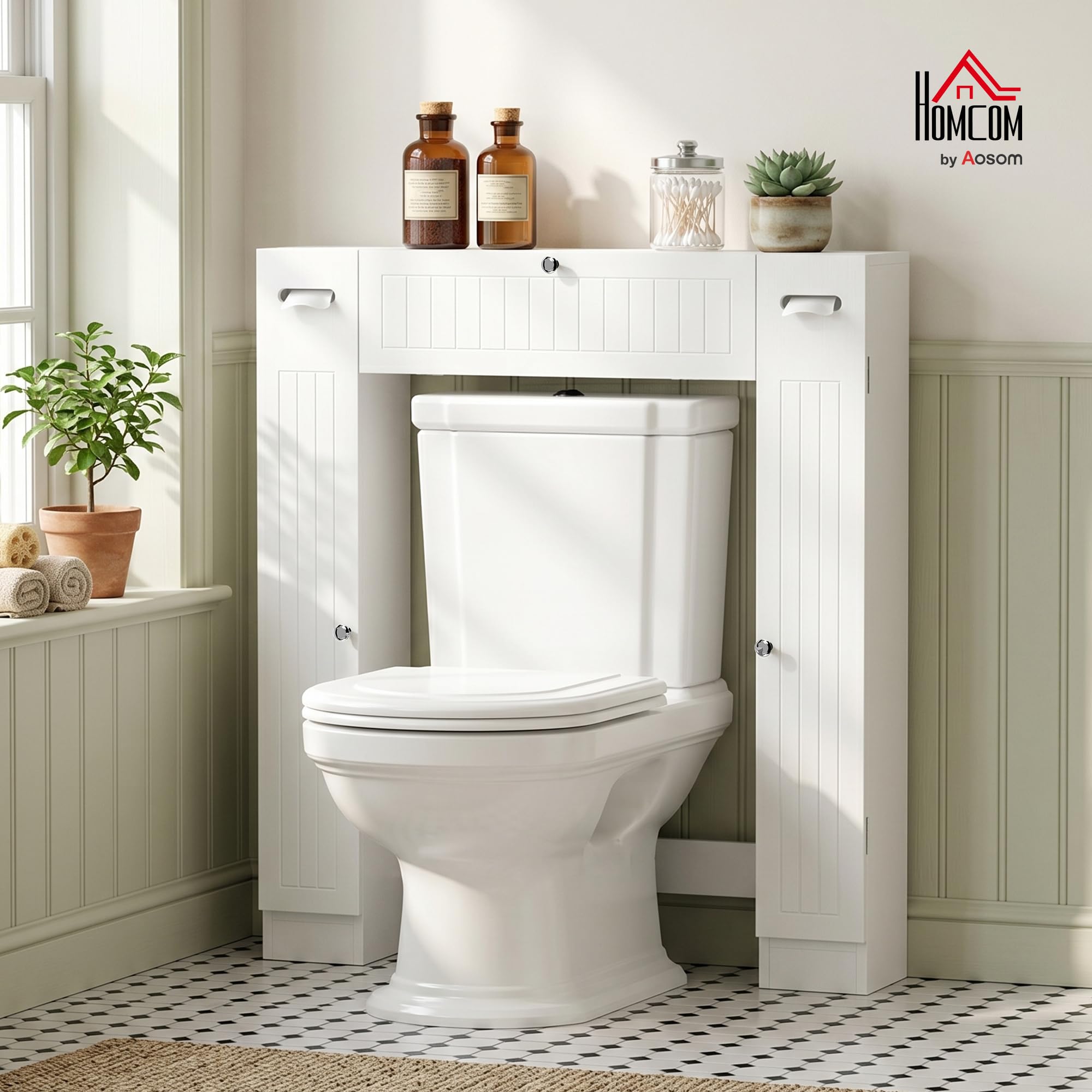 HOMCOM Meuble WC Dessus de Toilette, Armoire au-Dessus des Toilettes avec 2 placards, tiroir basculant, Porte-Papier et étagères réglables, 88 x 18 x 98 cm, Blanc