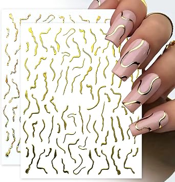 Nail Art Stickers Decals Line Nail Art Supplies Gold 3D Self-Adhesive Nail Decals Metal Curve Stripe Lines Design Nail Sticker Decorations Nail Accessories Multicolor-6 Sheets