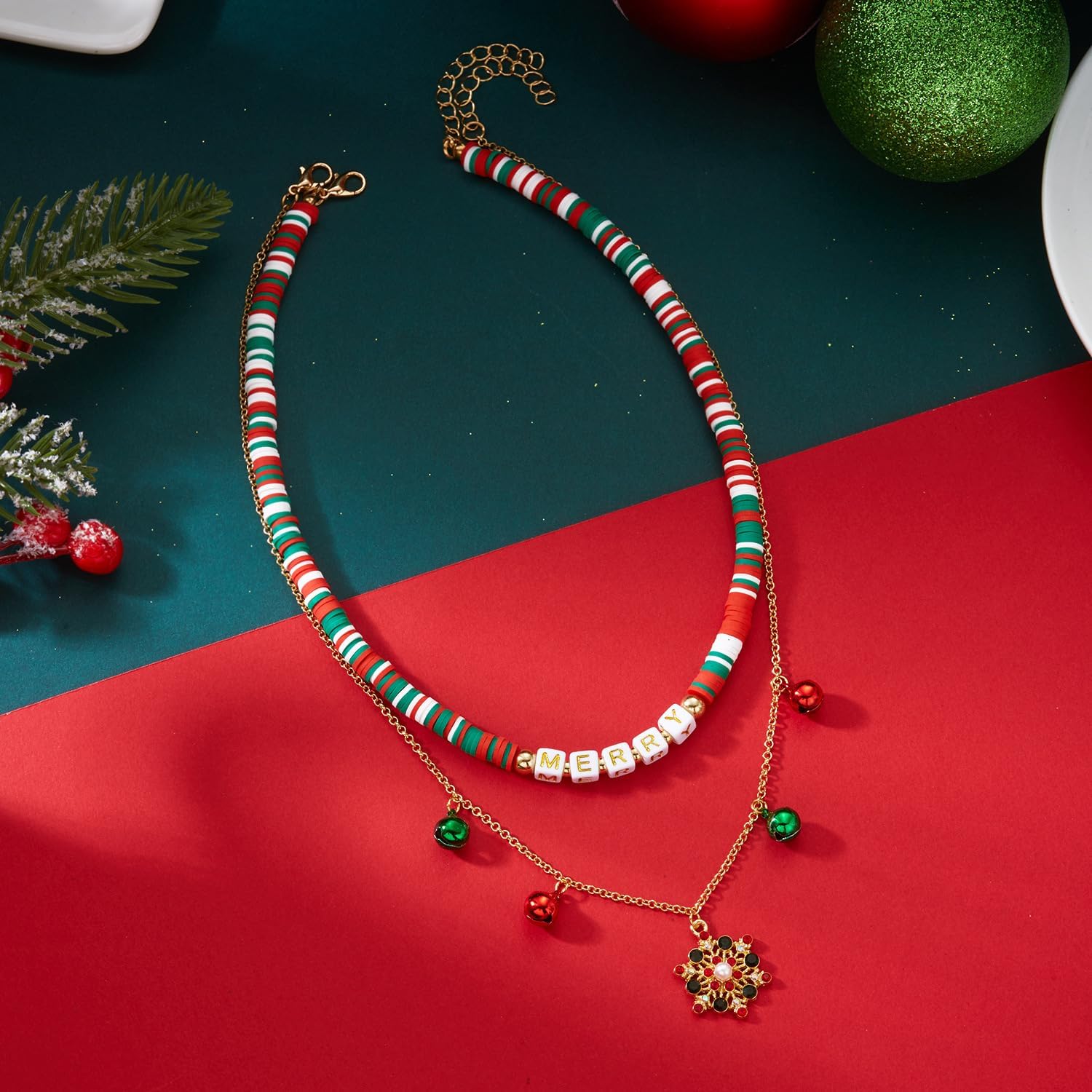 Christmas Necklace Snowflake Xmas Tree Pendant Necklace Bell Star Necklace Colorful Beaded Layered Necklaces Holiday Party Decoration Fashion Jewelry Accessaries - Image 4