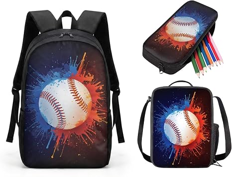 Teen Boys Girls Backpack Set School Bag Bookbag with Lunch Box Pen Case 3 Pcs, Baseball Blue Red Splatter