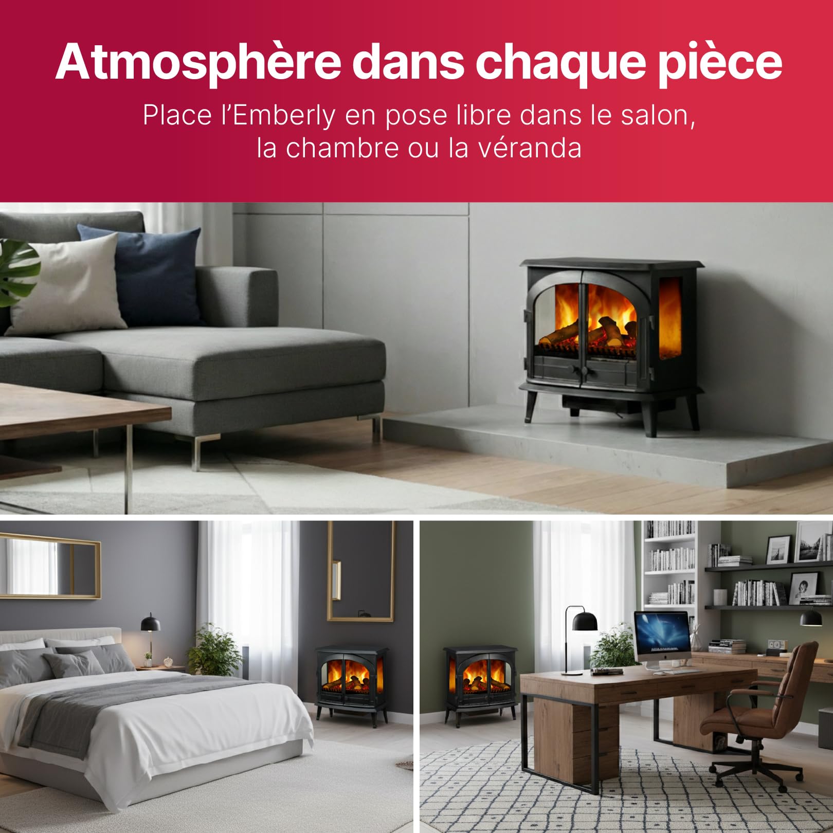 Dimplex Emberly Cheminée Électrique Autoportant 3 Faces Cheminee Electrique Effet Flamme LED Optiflame Chauffage 2 KW Activable Commande Via Télécommande et Application