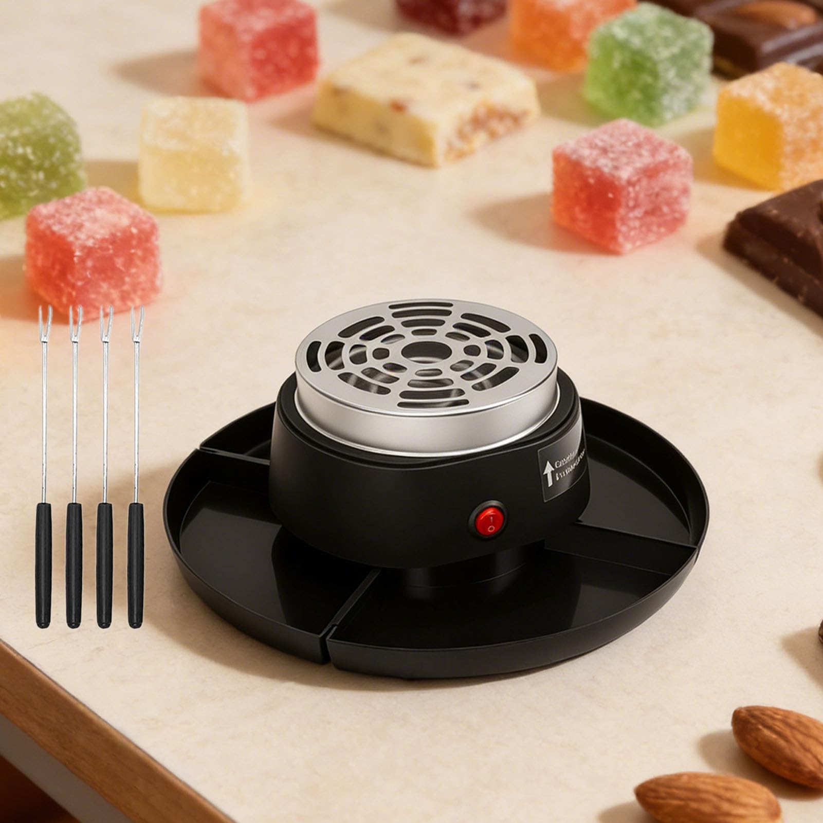 Qcwwy Smores Maker Kit de Mesa para Interiores, Estación Smores con 4 Tenedores para Asar, 4 Bandejas Desmontables, Tostador Eléctrico de Malvaviscos sin Llama, (Enchufe europeo 220V)