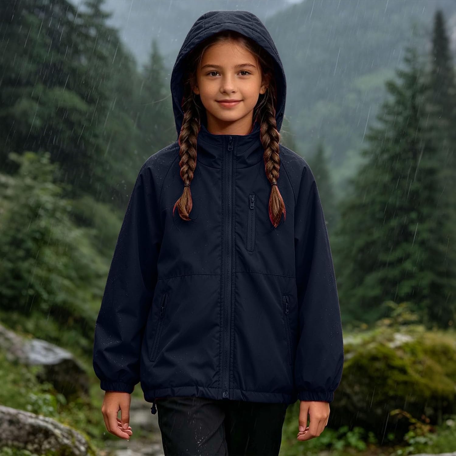 Kids Lightweight Waterproof Hooded Rain Jacket Travel