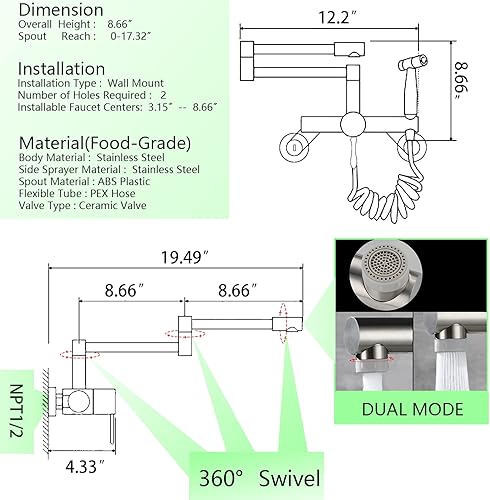 Miniatura 3 de Grifo de fregadero de cocina de montaje en pared de 4 pulgadas6 pulgadas8 pulgadas centro, grifo comercial plegable, grifo de llenado de olla con