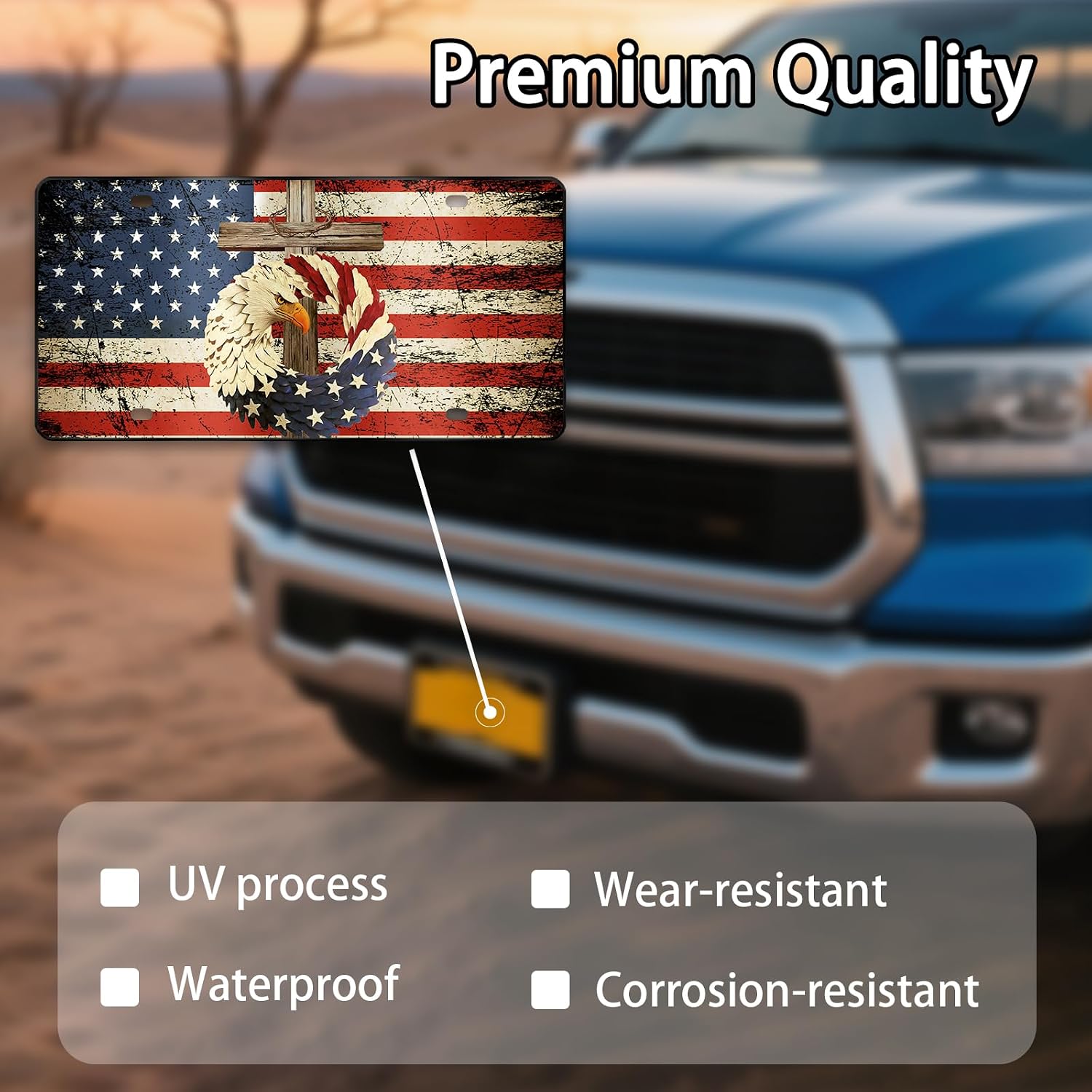 Front License Plate Eagle - American Flag License Plate with Eagle, Aluminum Cross Decorative License Plates Christian Novelty Vanity Tag, Car Decor Accessory with 4 Holes, 6×12 inch Car Decor Sign image 4