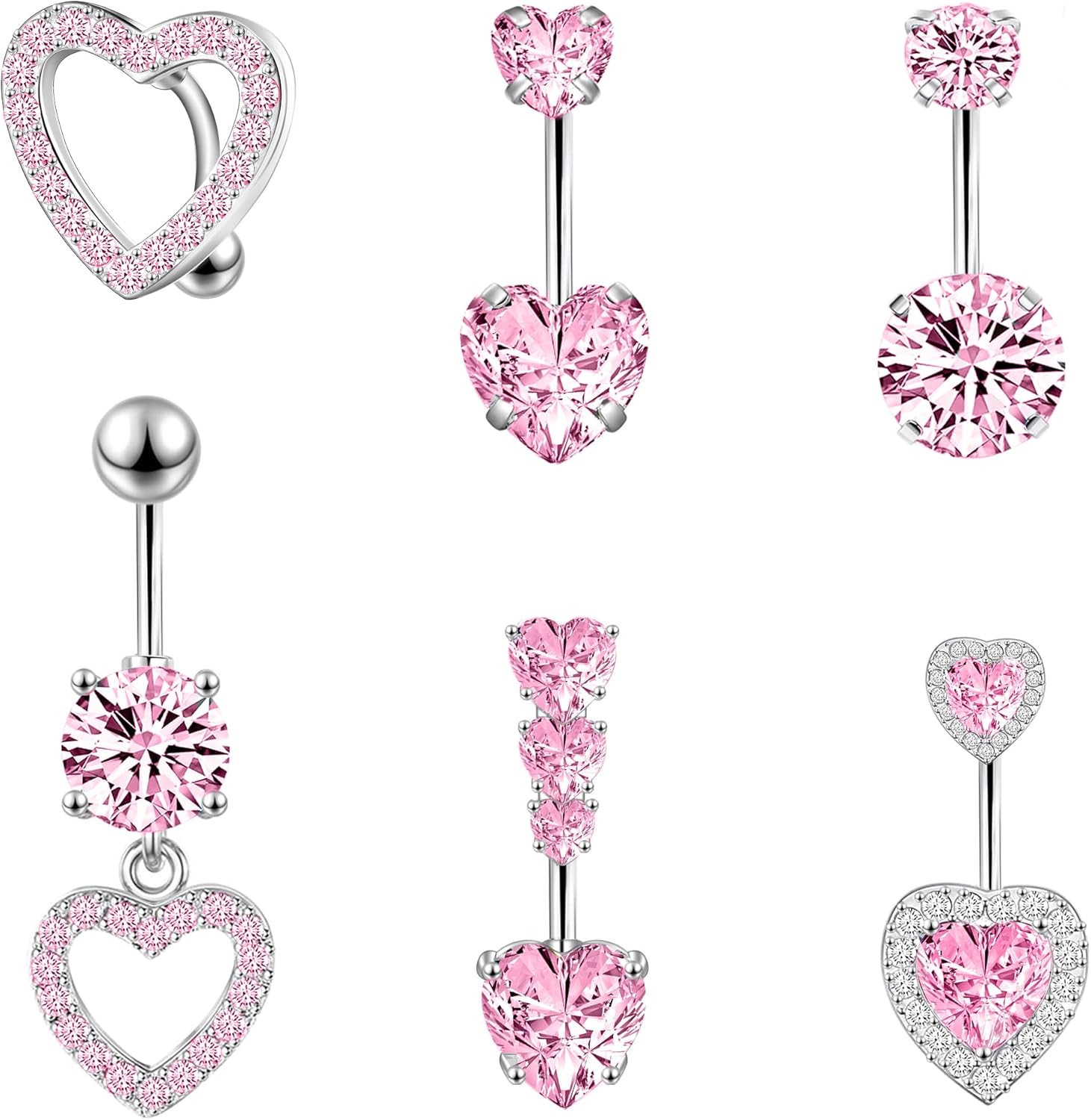 LEE&RO Pink Heart Belly Button Ring Surgical Steel Belly Rings 14G Pink Belly Button Piercing Cute Belly Ring for Women Navel Ring