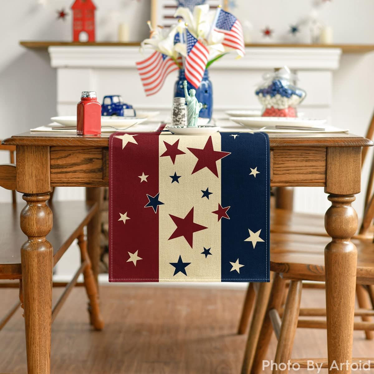 Artoid Mode Stars Stripes Patriotic Memorial Day 4th of July Table Runner, Independence Day Kitchen Dining Table Decoration for Home Party Decor 13x72 Inch