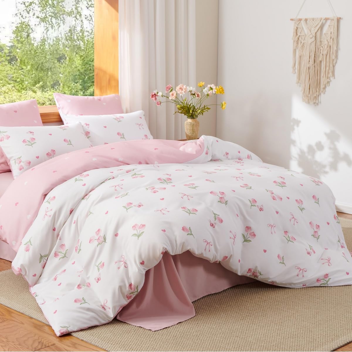 Floral Comforter Set Queen Size - 3 Pieces Pink White Floral Tulips Bow Comforter Bedding Sets Reversible Pattern,Queen Bed in a Bag with Flowers Comforter and 2 Pillowcases