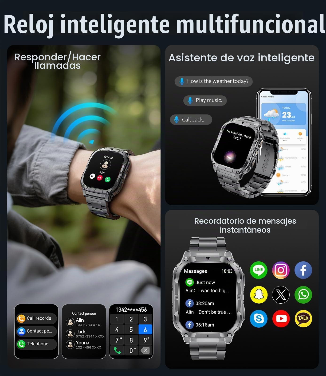 Reloj Inteligente Hombre con LED Linterna, 1000mAh/IP68 Impermeable/2.0" HD Militar Smartwatch con Llamadas, 100+ Modos Deportivos/24H Pulsómetro/Sueño Pulsera Actividad Android iOS, Negro-Naranja