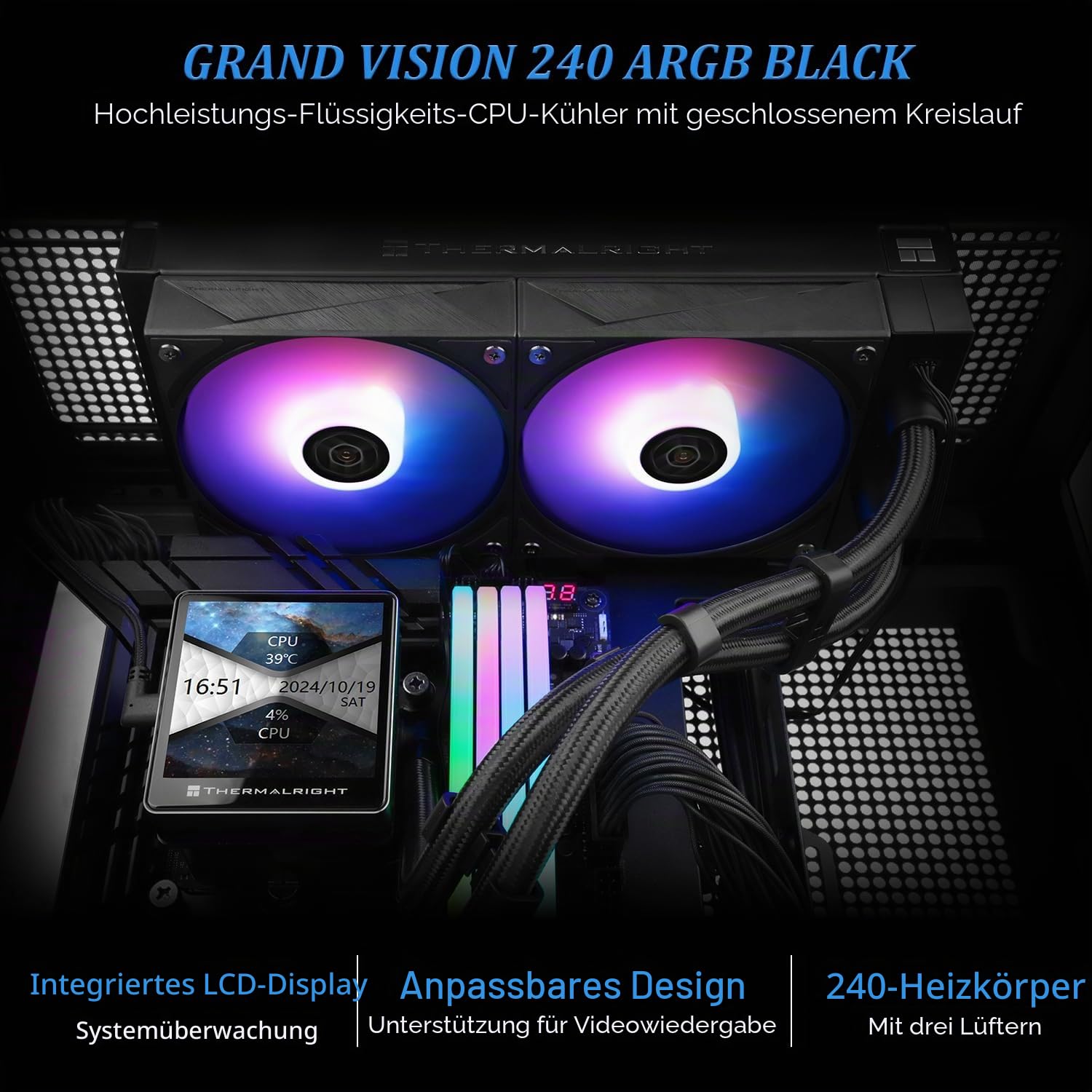 TR Grand Vision 240 ARGB Black AIO CPU Liquid Cooler, IPS LCD Screen mit 480 x 480 Auflösung, für AM5/LGA1851/1700, 3,4 Zoll (8,9 cm), magnetisch-absorbierender LCD-Bildschirm für Bilder – lackiert