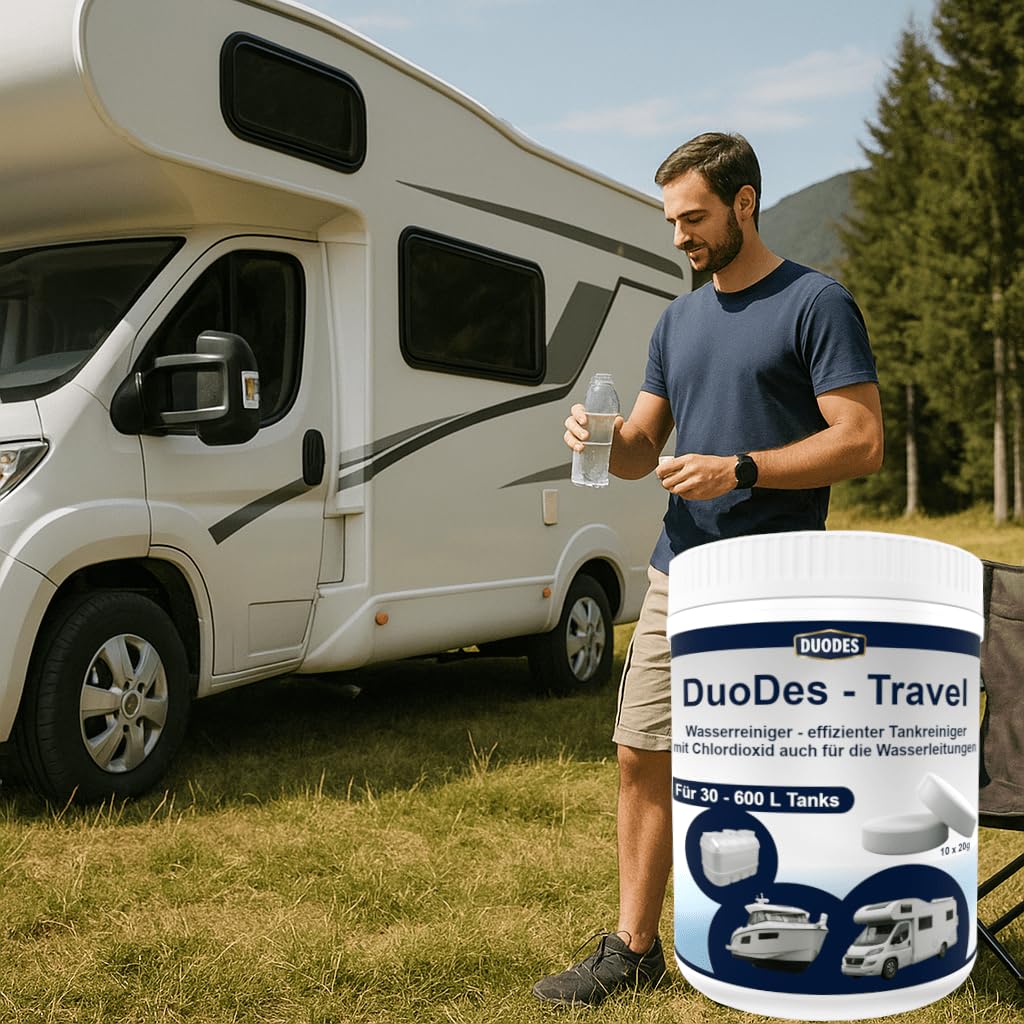 DuoDes Travel Wassertank Reiniger Tabletten - Tankreinigung & Wasserpflege für Wohnmobil, Caravan, Boot - Desinfektion gegen Biofilm, Bakterien & Algen - Für 30-600 L Tanks