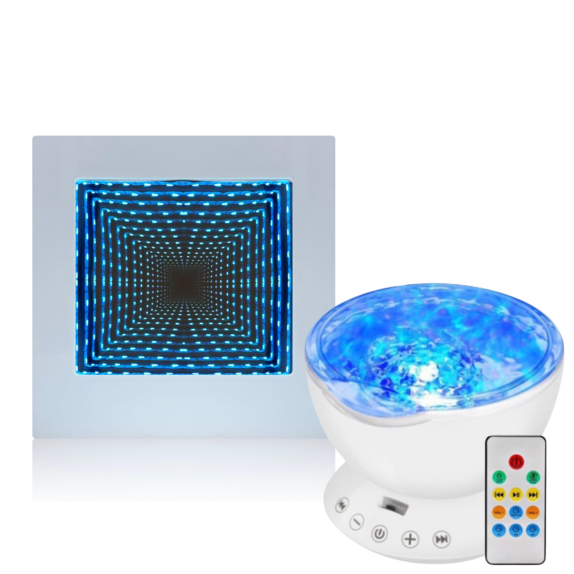 Playlearn Sensory Light 22cm Colour Changing Infinity Mirror Lamp - 13cm Sensory Ocean Wave Projector Night Light w/Remote Control for Office, Living Room & Bedroom