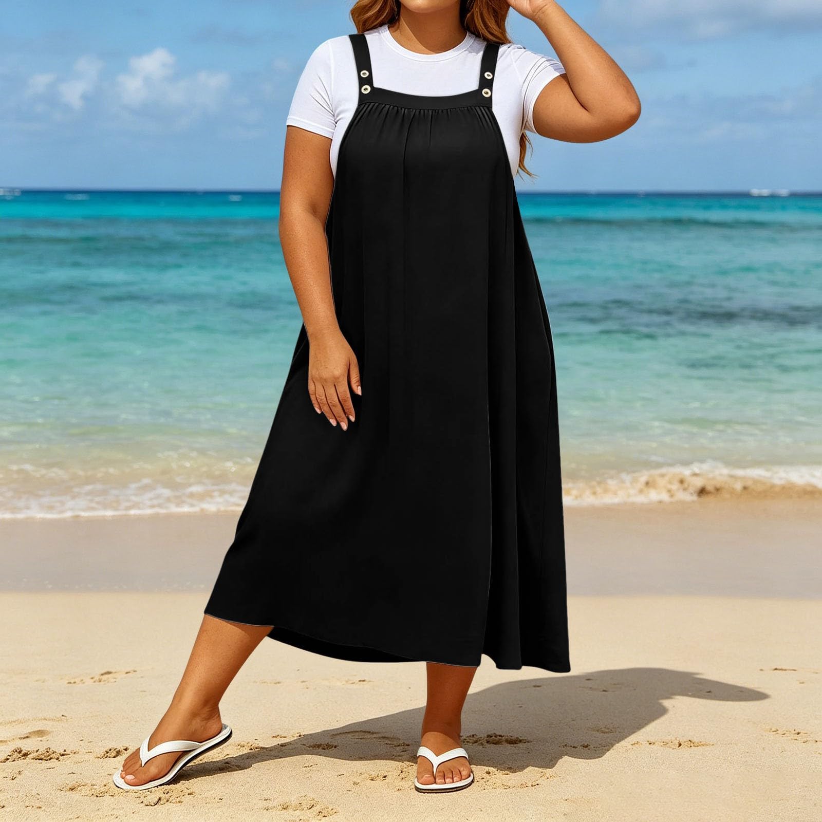 Robe Salopette Grande Taille à Bretelles boutonnées, Coupe Ample, Robe d'été décontractée, Robe Unie froncée