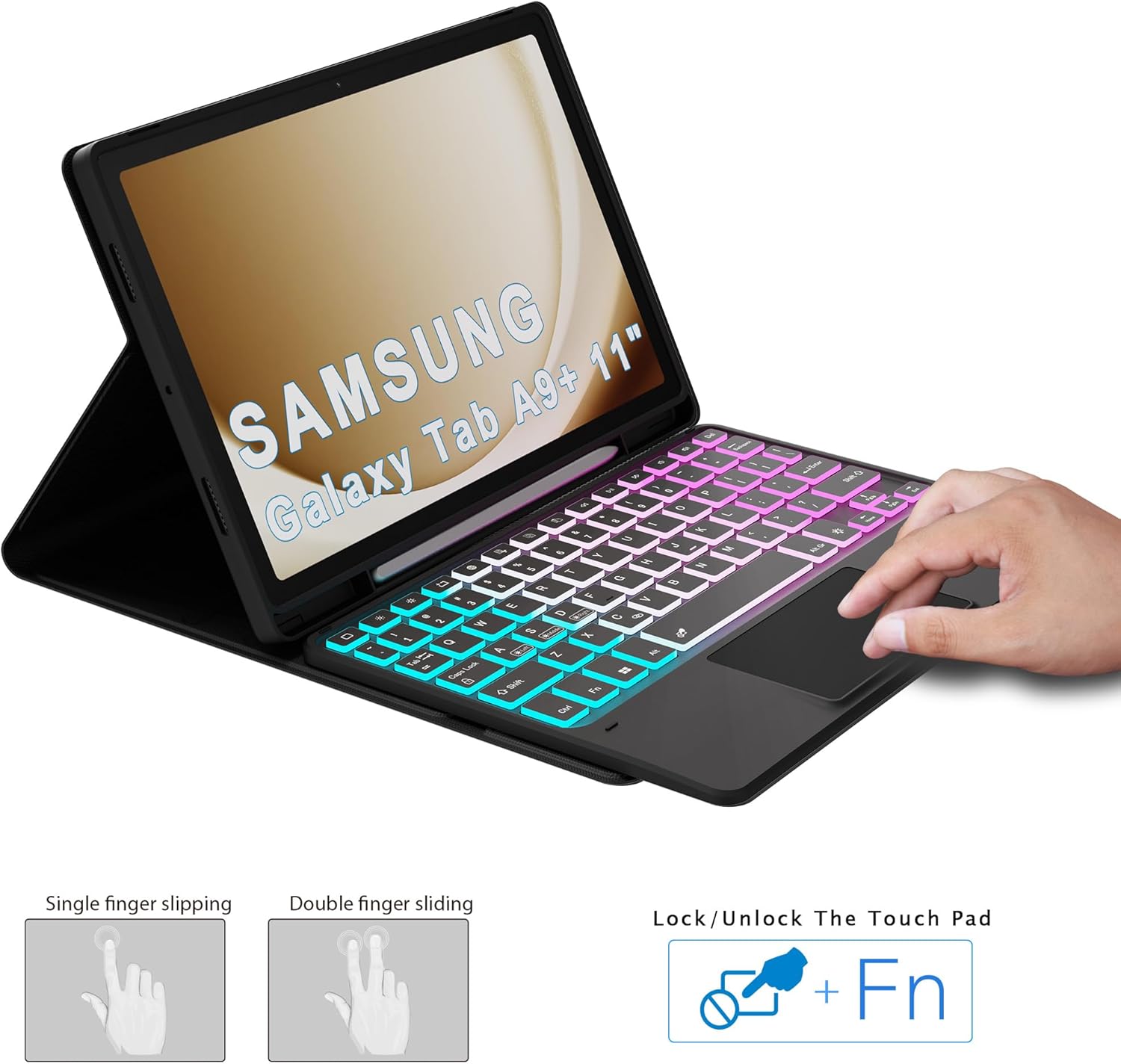 for Samsung Galaxy Tab A9+ 5G/A9 Plus 11" Keyboard Case: 3 Zone 7 Colors Backlit Trackpad Keyboard for 11 inch Galaxy Tab A9+ Plus 2023 - Detachable Smart Touchpad Wireless Keyboard Folio Tablet Cover