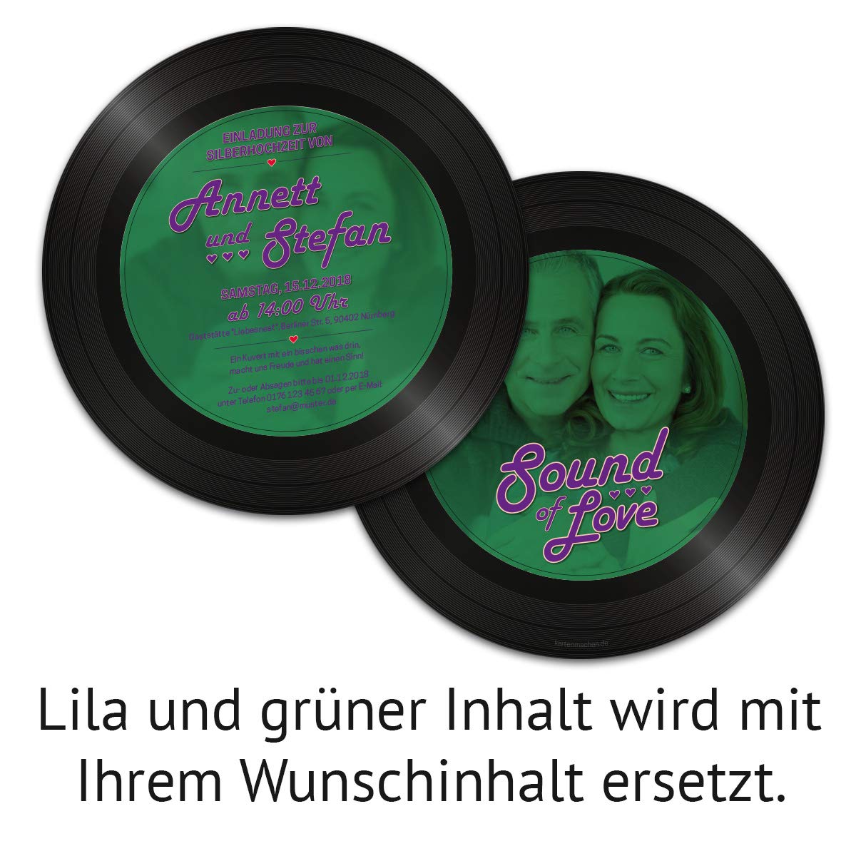 20 x Runde Hochzeitseinladungen Silberhochzeit silberne Hochzeit Einladung individuell - Schallplatte Sound of Love