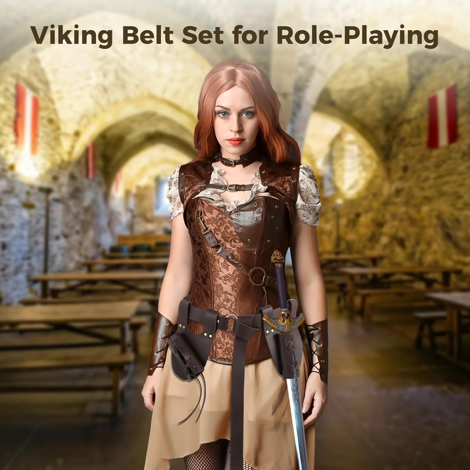 Generic 3 Pcs Dark Brown Viking Belt Set With Vertical Sword Sheath & Right-Hand Holder, Medieval Celtic Design In Adjustable Pu Leather, Perfect For Role Play