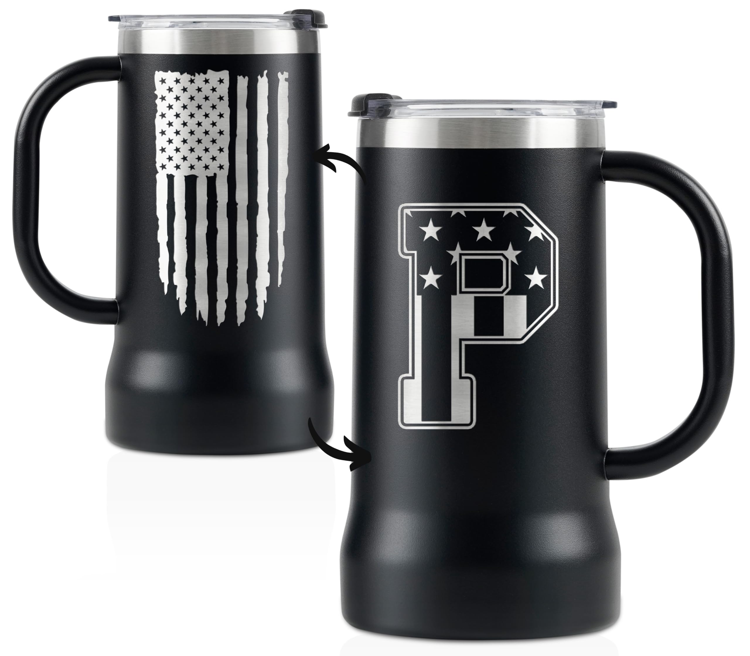 Onebttl Personalized Beer Stein, Beer Mug with Handle - Gifts for Beer Lovers, Men Who Have Everything on Birthday, Christmas - Customized Patriotic US Flag Gifts, Monogram 24 oz Cup, P