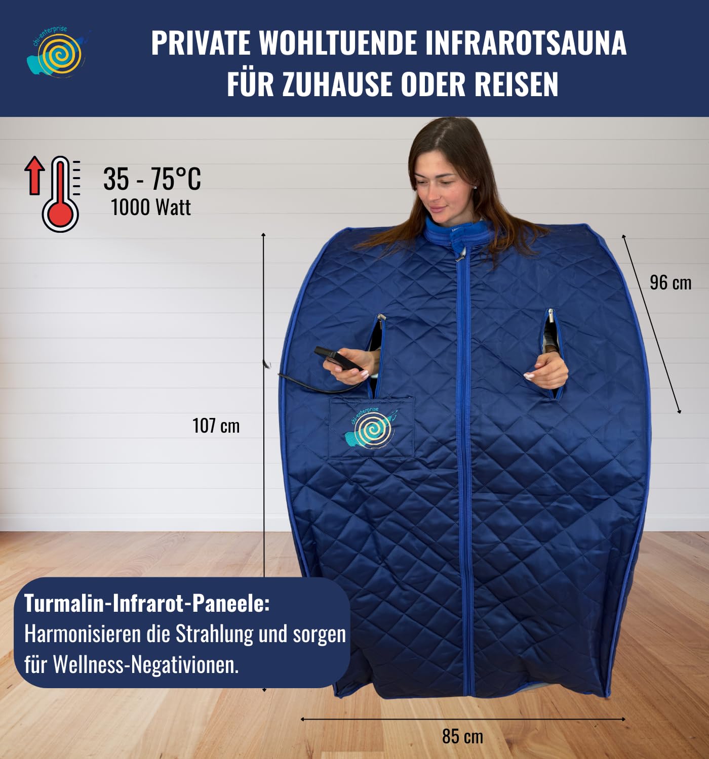 chi-enterprise Turmalin-Infrarotsauna XL Deluxe – Portable Faltbare Sauna für 1 Person, 1000 Watt, mit Klappstuhl, Fußmatte & Zubehör im Set, dunkelblau 105,5x81x96 cm