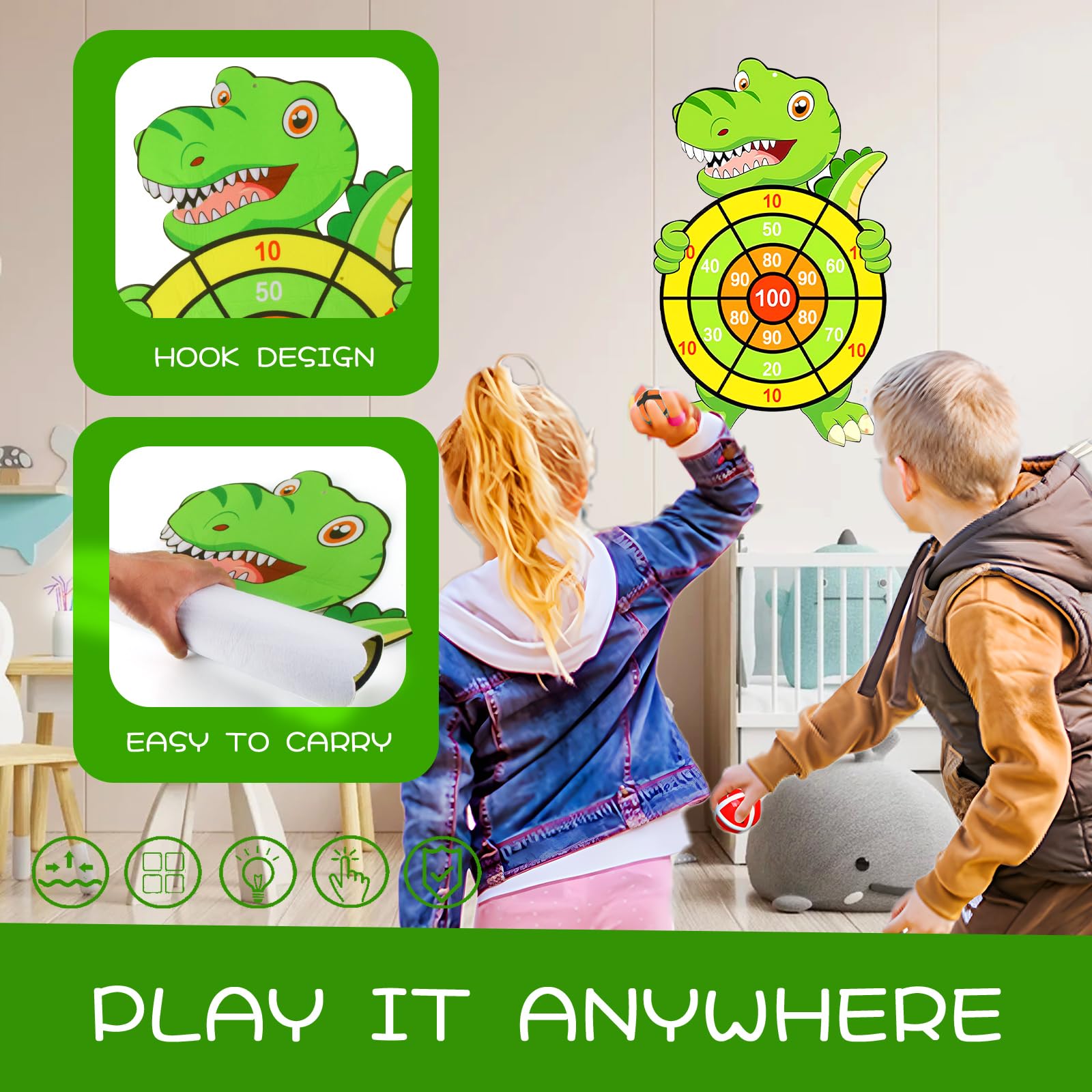 Dinosaurier Klett-Dart Spiel – 77 Cm Große Zielschiebe Mit 12 Bällen, Für Kinder Ab 3 Jahren