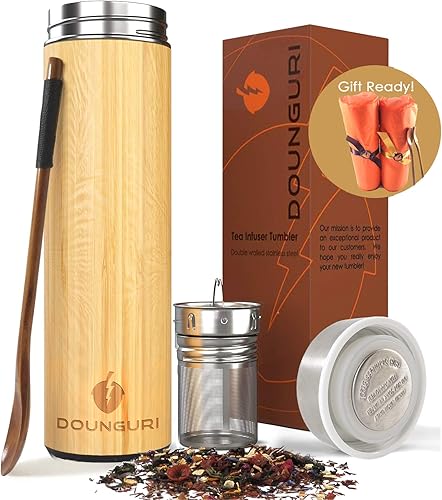 Miniatura 6 de Vaso de bambú con infusor de colador, termo de acero inoxidable aislado al vacío verde de 12 onzas con filtro para hojas sueltasbotella de viaje de