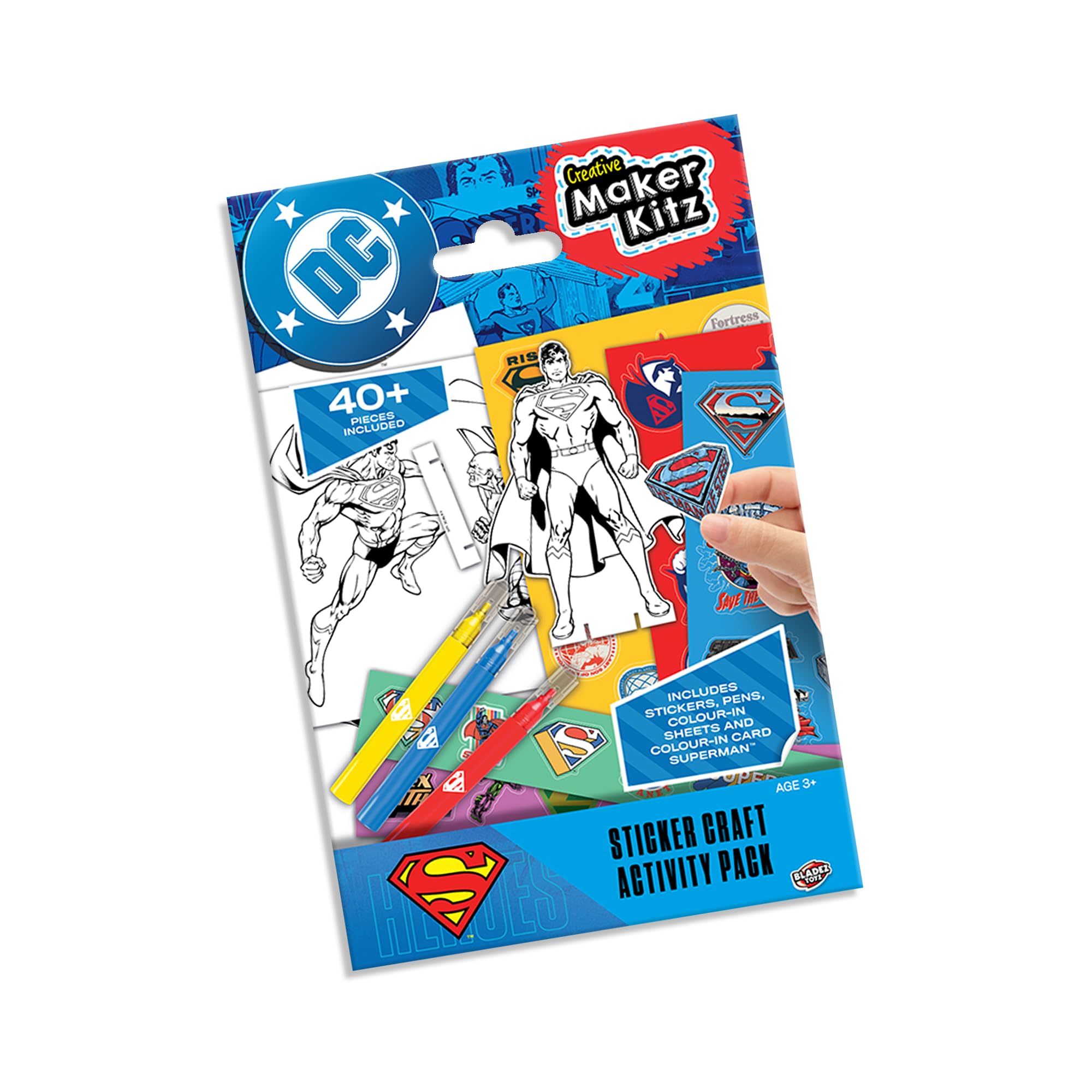 BLADEZ DC Superman Sticker Activity Set - Creative Fun with Stickers & Colouring - Stickers for Children with Mini Card Figures & Pens - Perfect for Party Bags - 12 Pack