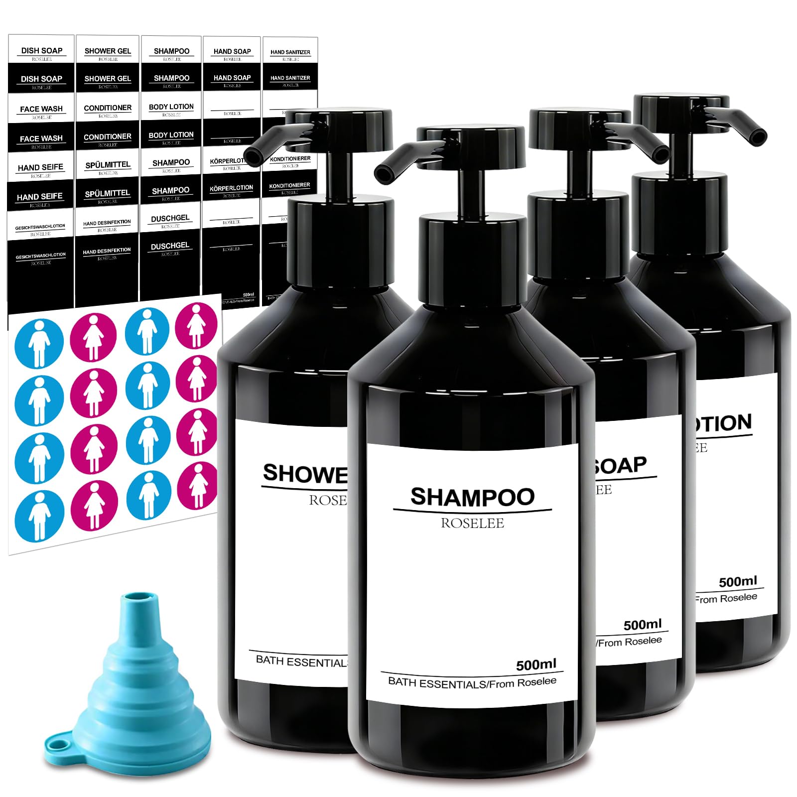 Set of 4 Black Soap Dispensers, 500ml Shampoo Dispenser Bottles for Filling with 56 Waterproof Labels, Plastic Shower Gel Dispenser, Detergent Dispenser for