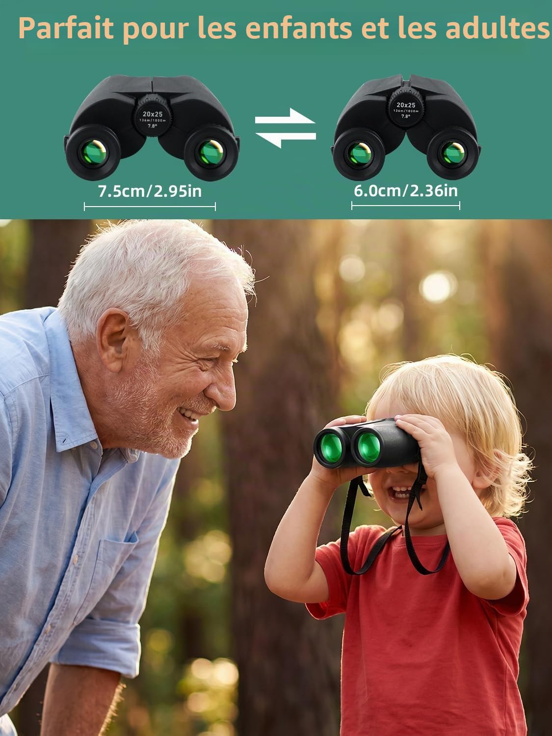 Jumelles compactes 20 x 25 pour Adultes et Enfants, Jumelles Adultes à Fort grossissement, Vision Nocturne dans des Conditions de Faible luminosité, idéales pour l'observation des Oiseaux, la Chasse