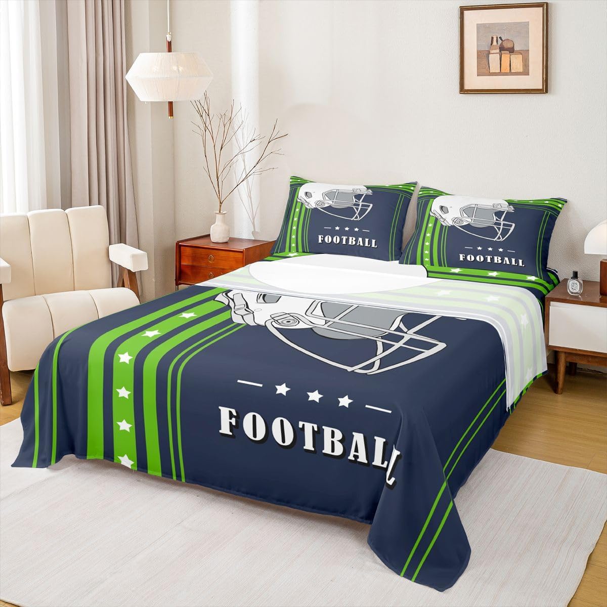 Erosebridal Football Sheets American Football City Bed Sheets Set Sports Room Decor, Football Team Sports Game Sheet Set King 2 Pillow Cases, Fluorescent Green Navy Blue (Seattle)