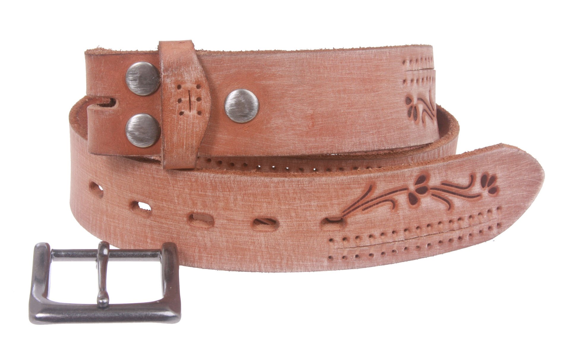 38 mm Snap On Floral Embossed Full Grain Vintage Leather Belt, Beige | 40