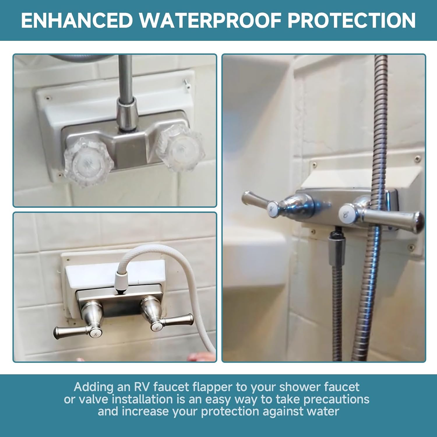 White RV Shower Faucet Valve Diverter Suitable for Travel Trailers, Campers & Fifth Wheels - Double Handle Frame Baffle, Freestanding Cover & Decorative Standing Protector