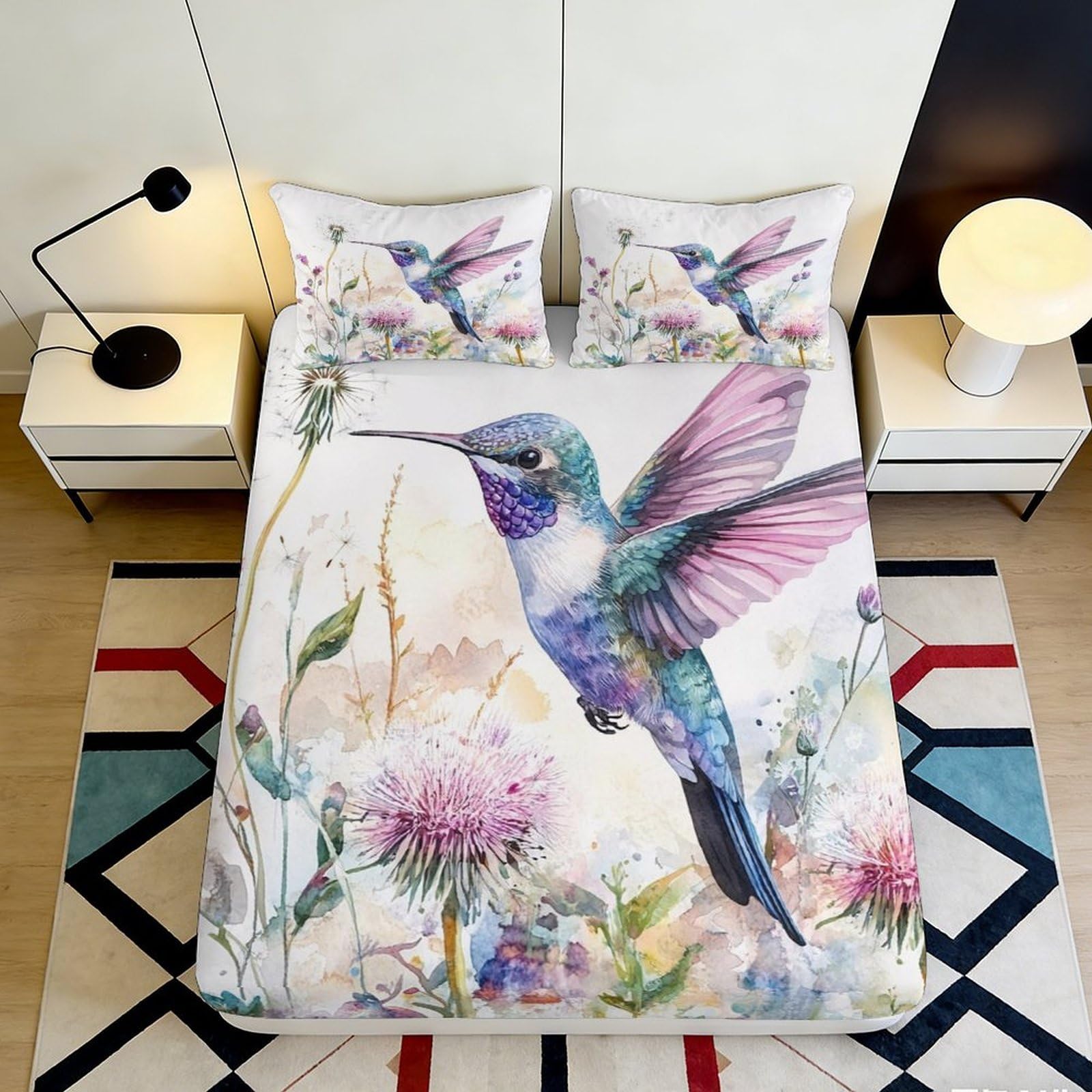 3D Printed Hummingbird Floral Fitted Sheet Microfiber Soft Breathable Botanical Mattress Cover for Bedroom Guest Room Decor 90x200x25cm