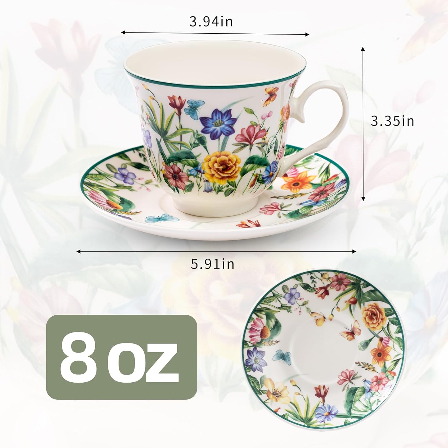 Tea Cups and Saucers, 8 OZ Wildflower Porcelain Tea Cup for Coffee Cappuccino Latte, Floral Butterfly Tea Gift Set Spring Tea Party Bridal Baby Shower Supply Decoration Mother's Day Birthday Gift