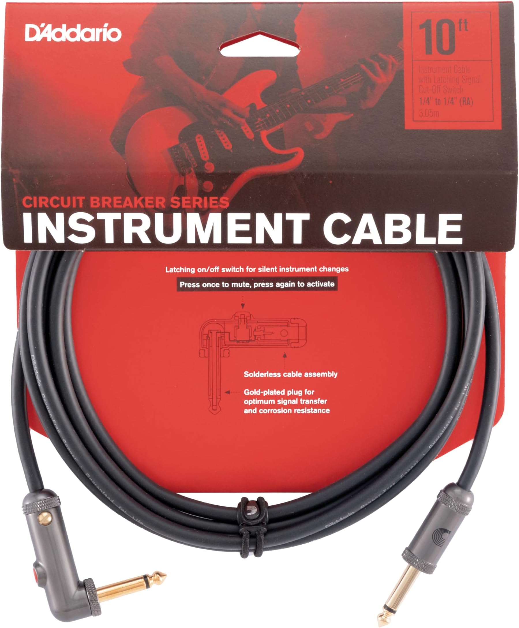 D’Addario 10' Circuit Breaker Instrument Cable with Latching Cut-Off Switch, Right Angle Plug, by D'Addario, 1/4", (PW-AGLRA-10)