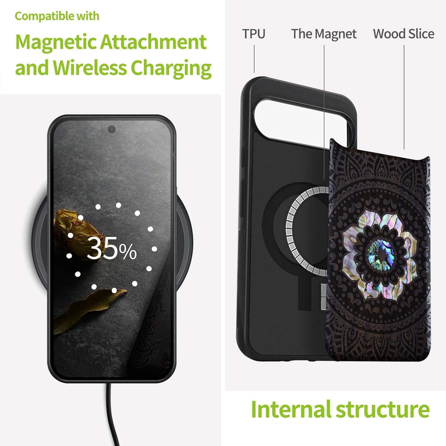 Carveit Magnetic Wooden Case for Google Pixel 9 Case, Wood Artisan Engraved & Handmade Shell Inlaid, Compatible with MagSafe Wireless Chargers, Mandala Pattern - Blackwood