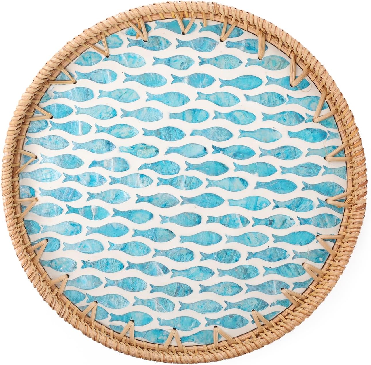 Round Rattan Tray with Mother of Pearl Inlay, Rattan Serving Tray for Coffee, Bread, Fruits, Decorative Wicker Tray for Table Decor, Home Decor, Kitchen Island Decor (Turquoise Fish, 11.8")